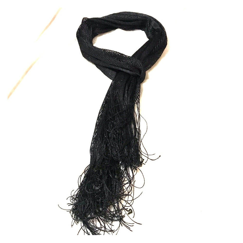 Black Metallic mesh scarf with fringe ends